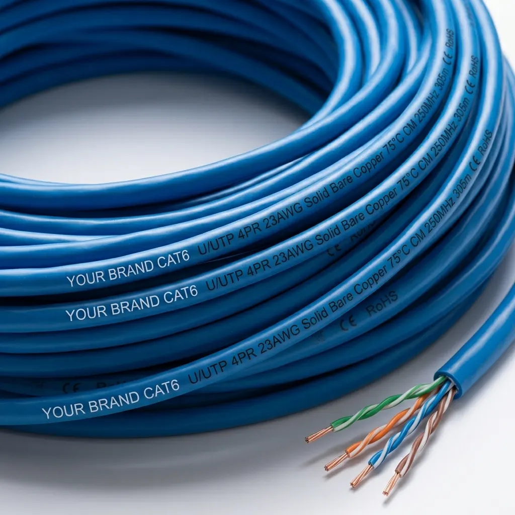Cat6 cable printed with a customer brand name and specification markings