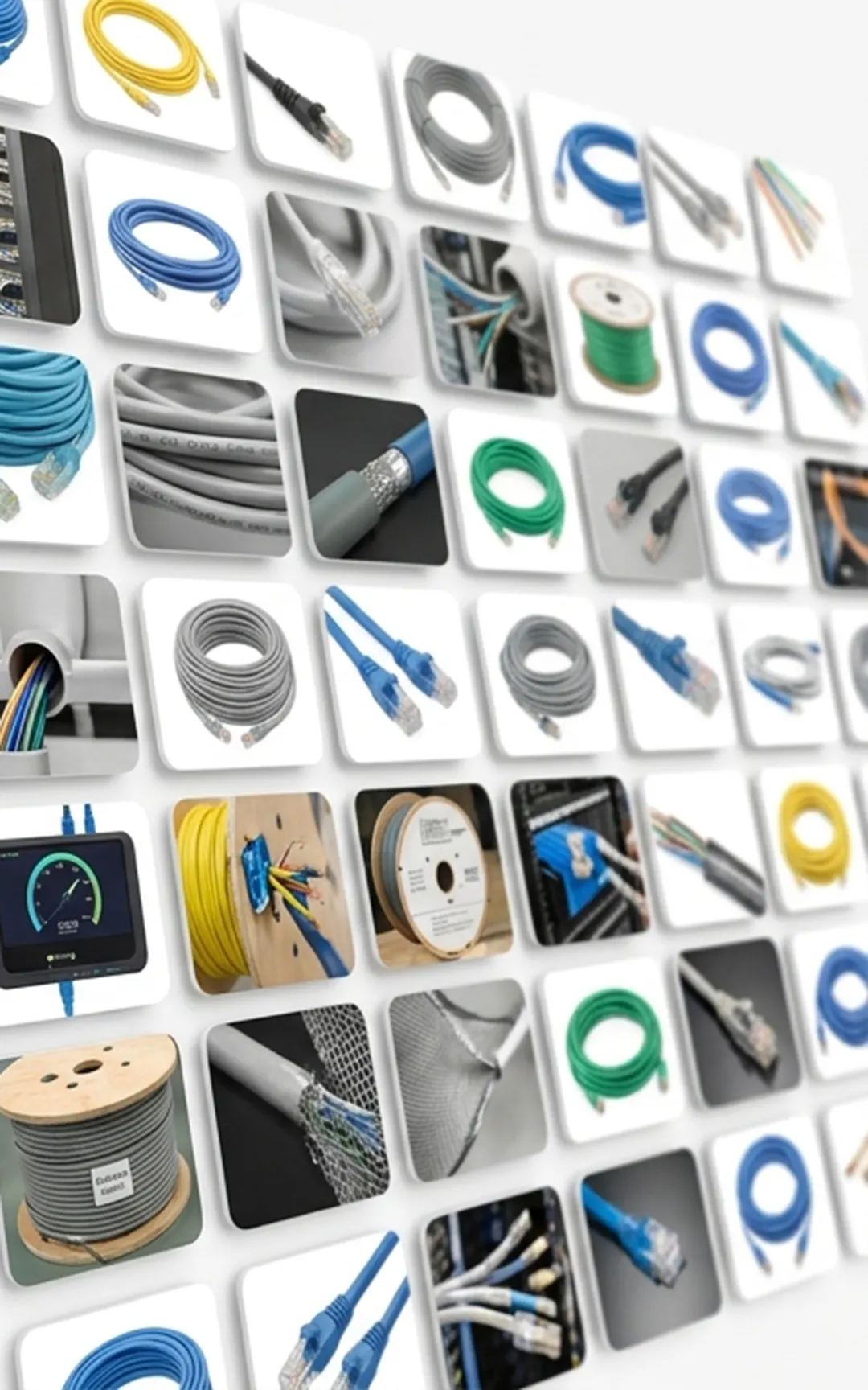 Network cable product range shown as tiles, including patch cords, bulk reels and shielded cable