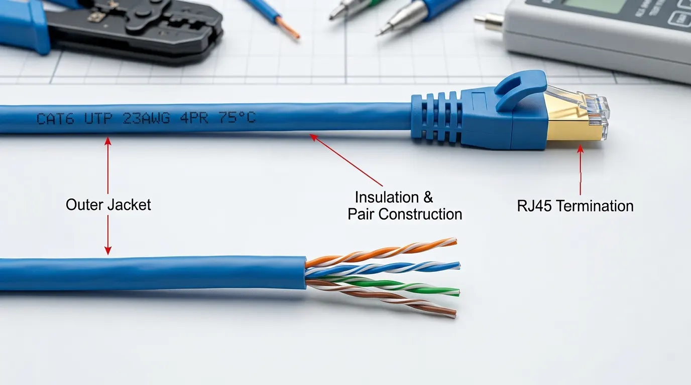 Labeled Cat6 patch cord showing the cable conductor, insulation and pair construction, outer jacket and RJ45 termination